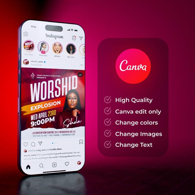 May include: A red and white Instagram post with a flyer for a "Worship Explosion" event. The flyer features a woman in a red dress and a black blazer, with the text "Worship Explosion" in large white letters. The event is scheduled for Wednesday, April 23rd at 9:00 PM at the Convention Centre. The flyer also includes the text "Shola" and the hashtag #changeoflevelworship.