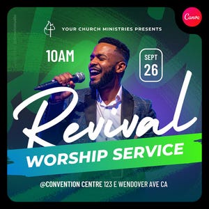 May include: A poster advertising a church event. It shows a man singing into a microphone, with the word "Revival" in large white script. The text also includes "Worship Service", "10 AM", and "Sept 26". The background is green and purple.