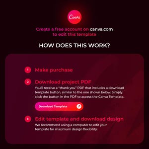 May include: A red and black graphic with instructions on how to purchase, download, and edit a Canva template. The text reads "Create a free account on canva.com to edit this template. HOW DOES THIS WORK? 1. Make purchase 2. Download project PDF You'll receive a "thank you" PDF that includes a download template button, similar to the one shown below. Simply click the button in the PDF to access the Canva Template. Download Template 3. Edit template and download design We recommend using a computer to edit your template for maximum design flexibility."
