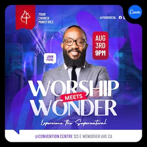 Church Canva Flyer Template, Worship Flyer, Worship meets Wonder, Church Flyer template. Praise and worship canva flyer template.