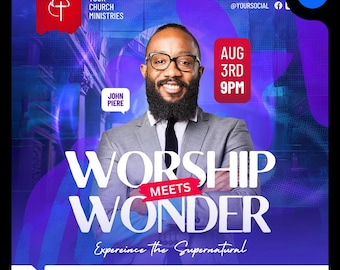 May include: A flyer for a worship event called "Worship Meets Wonder" featuring a man with a beard and glasses. The event is scheduled for August 3rd at 9pm at the Convention Centre, 123 E Wendover Ave CA.