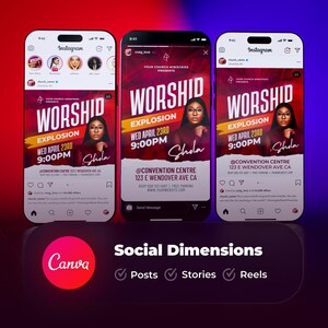 May include: A red and white flyer with the text "Worship Explosion" and "Wed April 23rd 9:00PM" in white. The flyer also includes the name "Shola" and the location "@Convention Centre 123 E Wendover Ave CA".