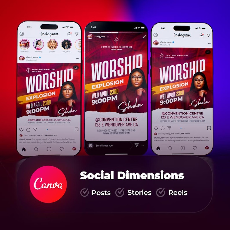 May include: A red and white flyer with the text "Worship Explosion" and "Wed April 23rd 9:00PM" in white. The flyer also includes the name "Shola" and the location "@Convention Centre 123 E Wendover Ave CA".