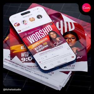 May include: A red and white flyer with the text "Worship Explosion" and a date and time for the event. The flyer also includes the name "Shola" and the address of the event. The flyer is on a smartphone screen.