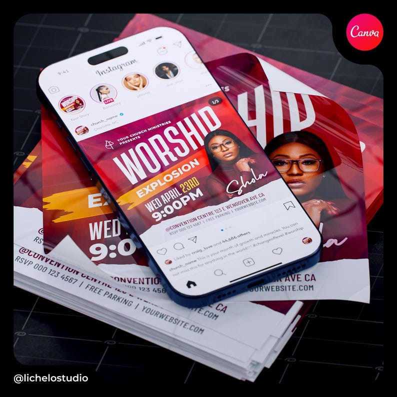 May include: A red and white flyer with the text "Worship Explosion" and a date and time for the event. The flyer also includes the name "Shola" and the address of the event. The flyer is on a smartphone screen.