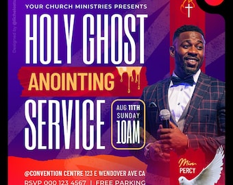 May include: A promotional poster for a church service. The poster features the text "Holy Ghost Anointing Service" in large white letters against a purple and red gradient background. A man in a suit is holding a microphone. The date and time are also displayed.