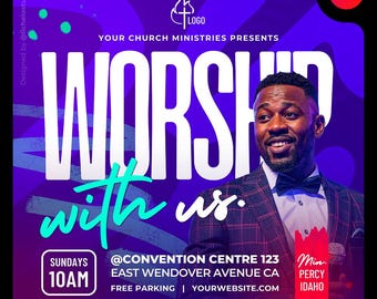 May include: A promotional graphic with a purple and blue gradient background. The text "WORSHIP with us" is prominently displayed in white and teal. A man in a suit is featured, and event details include the time, location, and speaker.