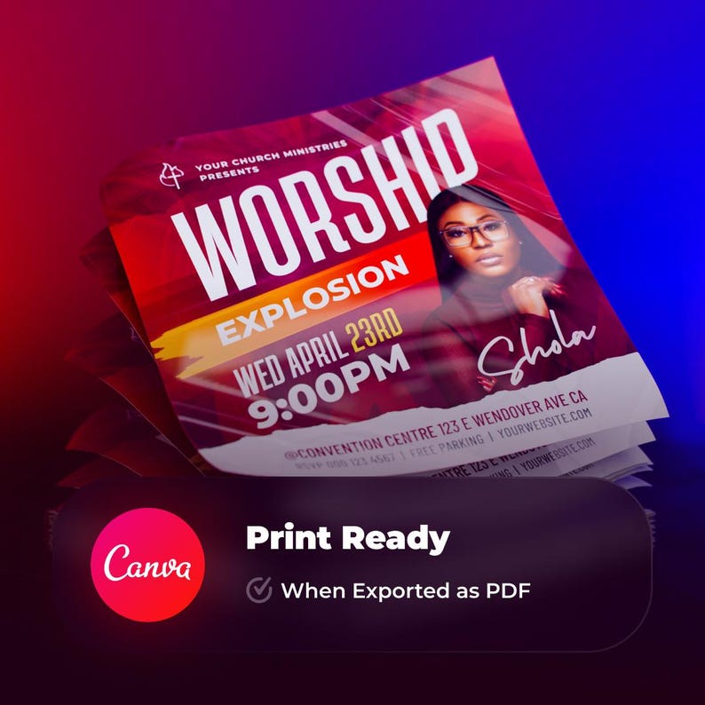 May include: A red and white flyer with the text "WORSHID EXPLOSION" in large white letters. The flyer advertises a worship event on Wednesday, April 23rd at 9:00 PM. The event is being held at the Convention Centre, 123 E Wendover Ave CA. The flyer also includes the text "Shola" in a white cursive font.