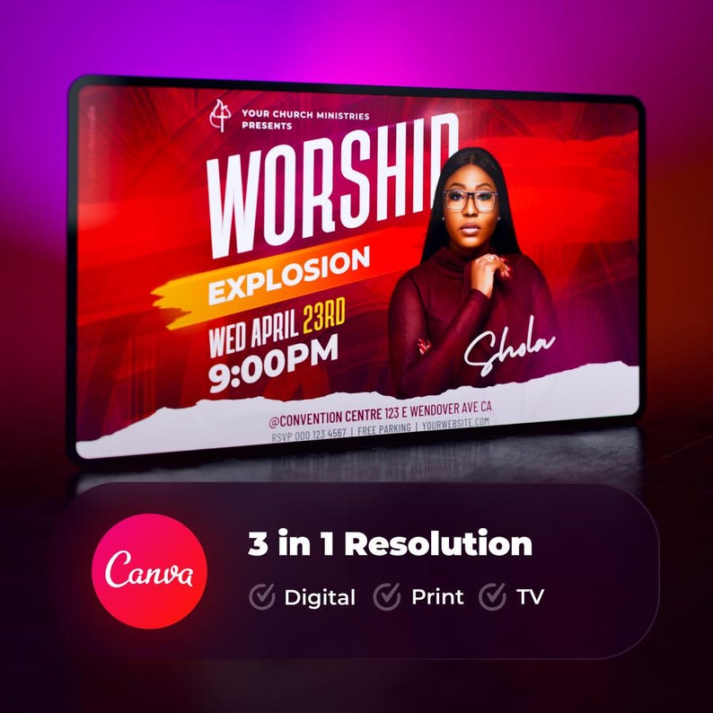 May include: A red and yellow flyer with the text "Worship Explosion" and "Wed April 23rd 9:00PM". The flyer also includes the text "Your Church Ministries Presents" and "@Convention Centre 123 E Wendover Ave CA RSVP 000 123 4567 Free Parking YourWebsite.com". A woman with glasses is featured on the flyer.