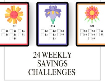 24 Weekly Savings Challenge Cards: A6 Budget Binder Sinking Funds (PDF/PNG)