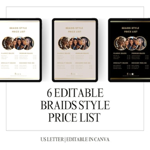 Braids Price List Flyer: 6 Editable Salon Templates (8.5x11 US Letter) Canva DIY