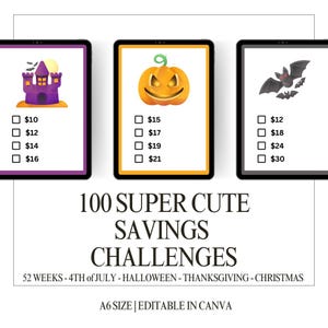 Paquete de grandes y lindos desafíos de ahorro con 100 desafíos, carpeta de presupuesto, desafío digital imprimible, 52 semanas, Navidad, Halloween