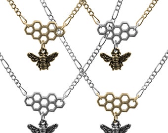Honeybee Chain Necklace / choose length and color scheme - all silver or gold or gold silver mix