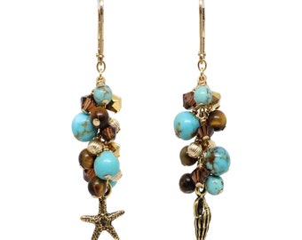 Turquoise Island Cascade Earrings / 60mm length / beach charms / gold filled leverback earwires