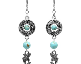 Turquoise Island Koi Earrings / 75mm length / sterling silver leverback earwires