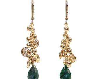 Emerald Cascade Earrings with galaxy spirals / 50mm length / gold filled components / leverback earwires