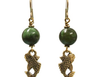 BC Jade Koi Earrings / 47mm length  / gold pewter charms / gold filled hook earwires