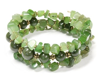 Green Jade Mania Bracelet / 6 to 8 Inch wrist size / genuine BC Jade / triple wrap memory wire bracelet / gold pewter beads