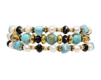 Turquoise Island Triple Wrap Bracelet / 6 to 8 Inch wrist size / with freshwater pearls and shells / gold pewter beads