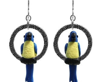 Tropical Macaw Parrot Earrings / 60mm length / blue with yellow / sterling silver earwires