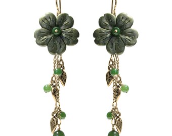 BC Jade Flower Cascade Earrings / 75mm length / large handmade polymer clay flowers / gold pewter charms and sterling silver earwires