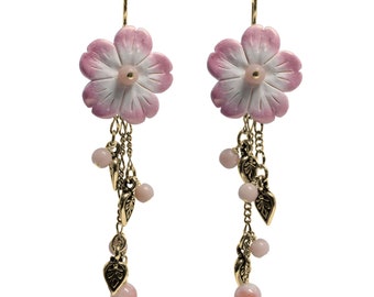 Pink Flower Cascade Earrings / 75mm length / pink opal with gold pewter charms and gold filled earwires