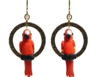 Tropical Macaw Parrot Earrings / 60mm length / red with yellow and blue tipped wings / gold filled earwires