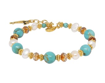 Turquoise Island Bracelet / 6 to 7.5 Inch wrist size / pearls and crystal / gold pewter beads and dolphin charm