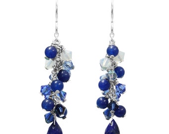 Blue Lapis Cascade Earrings / 50mm length / sterling silver hook earwires
