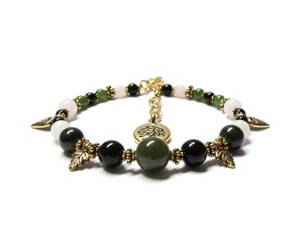 BC Jade Charm Bracelet / 6 to 7.5 Inch wrist size / gold pewter charms with extender chain