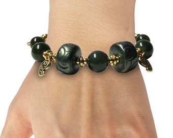 BC Jade Chunky Bracelet / 6 to 7 Inch wrist size / gold pewter beads and charms