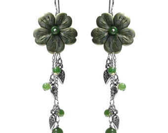 BC Jade Flower Cascade Earrings / 75mm length / large handmade polymer clay flowers / silver pewter charms and sterling silver earwires