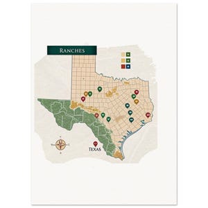 Affiche de carte des ranchs du Texas - impression de décor rustique - cadeau parfait pour les amoureux du Texas