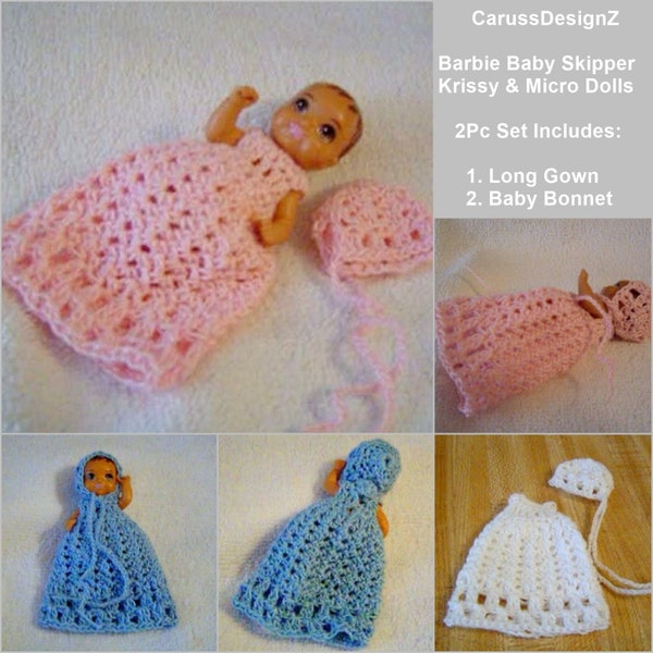 PDF Pattern 139,2.5" Micro Doll,Fashion Doll Baby Pattern,2Pc Picot Set,Gown,Bonnet,Optional Shirt,Sleepy Bag by CarussDesignZ