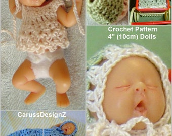 PDF Pattern 140,Camille Allen,4" Micro Doll, 3Pc Picot Set,Ear Flap,Doll Gown,Crochet Baby Shirt,Sleepy Bag,Doll Pattern by CarussDesignZ