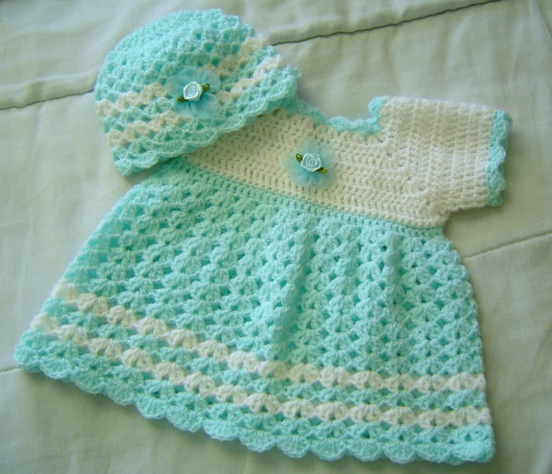 PDF Crochet Pattern 30B,Aqua Newborn Shell Pattern,Dress and Beanie Pattern,Infant Dress Design,Baby Clothes Pattern by CarussDesignZ