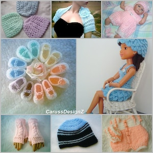 May include: A collage of handmade crochet items in various pastel colors. Includes baby booties, hats, a shrug with a flower detail, a doll in a blue dress, fingerless gloves, and a baby outfit. The items are arranged on a white background.