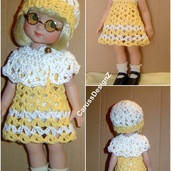 PDF Pattern 129,Doll Clothing Pattern,Ann Estelle,Patsy,Trixie,Georgia,3PC Set,Dress,Bucket Hat,Capelet,10" Crochet Pattern, CarussDesignZ