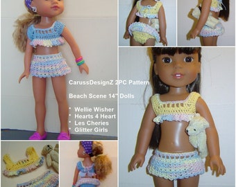 PDF Pattern 111,Beach Scene Set,Crochet Doll Pattern,14" Dolls,Les Cheries Corelle,Paola Reina,H4H,Glitter Girls.WellieWisher,CarussDesignZ