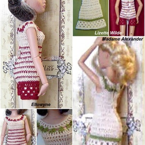 May include: A doll wearing a handmade crochet outfit. The outfit is cream-colored with red accents and consists of a top and shorts. The doll is posed in front of a decorative background. The image also shows other crochet doll outfits.