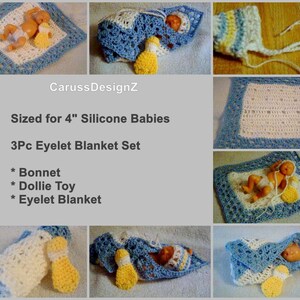 PDF Pattern 144,Micro Doll Blanket Set,Camille Allen,4 Micro Silicone Dolls,3Pc Eyelet Set,Doll Blanket,Doll Toy by CarussDesignZ image 2