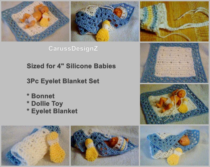 PDF Pattern 144,Micro Doll Blanket Set,Camille Allen,4 Micro Silicone Dolls,3Pc Eyelet Set,Doll Blanket,Doll Toy by CarussDesignZ image 2