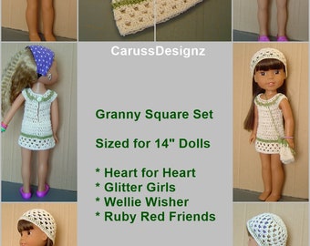 PDF Pattern 132,Autumn Granny Squares,14" H4H,Wellie Wisher,Glitter Girls,Ruby Red Fashion Friends,Dress,Beanie,Bag by CarussDesignZ