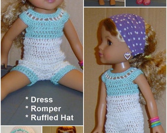 PDF Pattern 122,Summer Comfort,Dress,Romper,Hat,Crochet Doll Pattern,14"-15" Dolls,Glitter Girls,H4H,Ruby Red,Wellie Wisher by CarussDesignZ