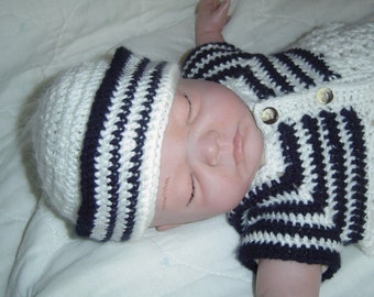PDF Pattern 029, Newborn to 03 Month Baby Boy Sailor Romper Reversible Crochet Set by CarussDesignZ
