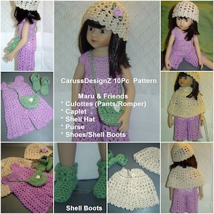 May include: A collection of crochet doll clothing in various colors. The set includes a purple dress, culottes, a caplet, a shell hat, a purse, and shell boots. The text on the image says "CarussDesignZ 10Pc Pattern Maru & Friends".