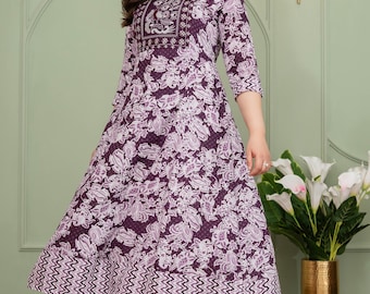 Purple Hand Block Printed Rayon Anarkali Dress | Floral Indian Midi Kurti | Boho Ethnic Summer Wear | Casual & Festive Angrakha Pattern