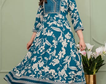 Angarkha Pattern Hand Block Printed Rayon Anarkali Dress | Floral Ethnic Midi Kurti | Indian Boho Dress | Casual & Festive Wear