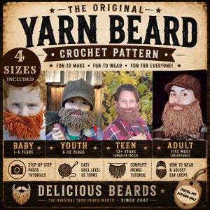 May include: A digital crochet pattern for a yarn beard, featuring four sizes: baby, youth, teen, and adult. The image displays four individuals wearing different colored yarn beards, with text detailing step-by-step photo tutorials, skill level, and fringe instructions for the original yarn beard maker.