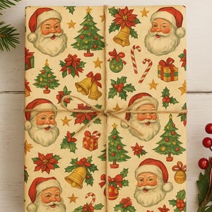 Vintage Santa Christmas Wrapping Paper – Retro Holiday Gift Wrap with Trees – Festive Paper Sheets for Present Wrapping